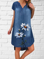 Daisy Print Blue V-neck Denim Dress