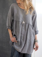 Round Neck Cotton And Linen Blouse Top