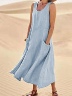 New Popular Sleeveless Solid Color Women's Cotton and Linen Dress