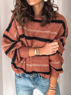 Women's Fashion Casual Metallic Striped Round Neck Knitted Sweater Shirt