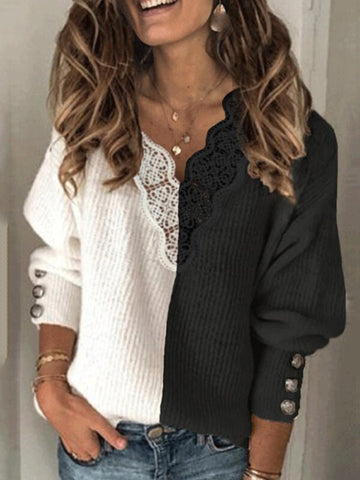 Women's Contrast V-Neck Relaxed Long Sleeve Sweater