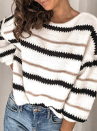 Women's Fashion Casual Metallic Striped Round Neck Knitted Sweater Shirt