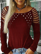 Round Neck Studded and Rhinestone Perforated Long Sleeve Blouse