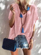 V-neck candy-colored loose-sleeved women's T-shirt