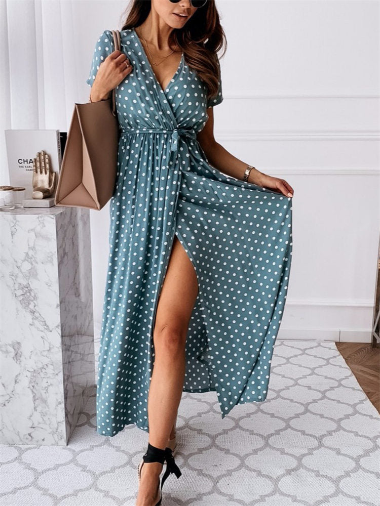 Sexy Short Sleeve V-Neck Bohemian Polka Dot Print Dress Maxi Dresses For Beach