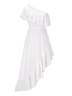 French Vintage Prom Dress Irregular Hem Sloping Shoulder Ruffle Midi Dresses