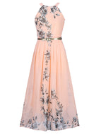 Ladies Halter Neck Sleeveless Floral Dress Plus Size Women's Lace Up Waist Floral Long Dresses