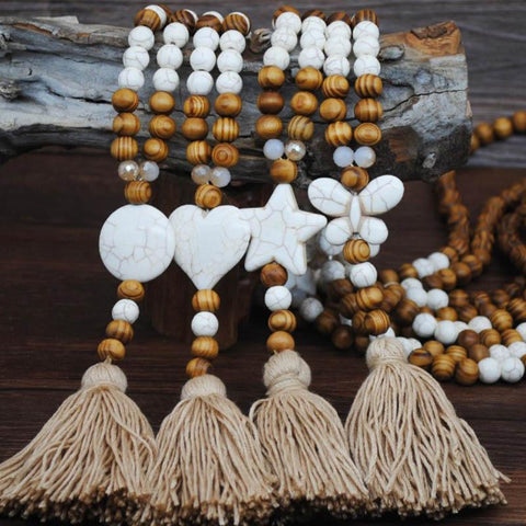 Posimi Linen Tassan Hand String Wooden Bead Long Necklace