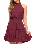 Women Solid Color Sleeveless Halterneck Pleated Waist Slim Cake Dress