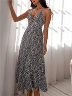 Sleeveless Casual Print Sling Halter Dress Maxi Chiffon Midi Dresses For Women