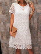 Round Neck Lined Short Sleeve Lace Women's Dress