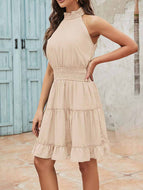 Women Solid Color Sleeveless Halterneck Pleated Waist Slim Cake Dress