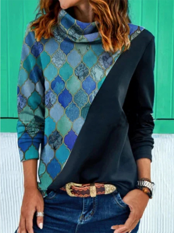 Geometric Print Pile Collar Sweater