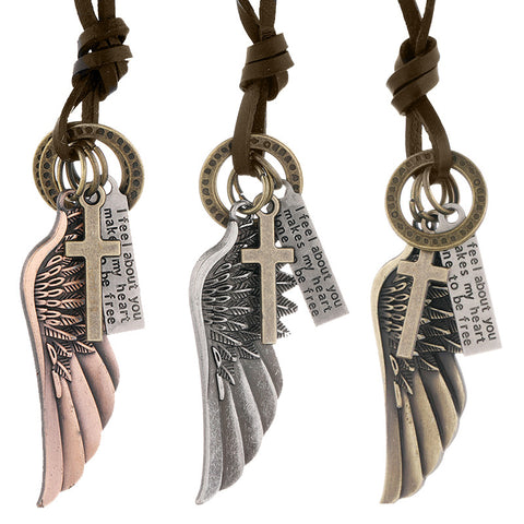 Personalized Angel Wings Pendant Leather Necklace Adjustable Simple Long Men's Necklace