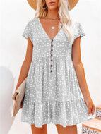 Sweet Style V-Neck Button Small Floral Short Sleeve Loose Casual Dress Loose Mini Dresses