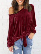 Women's Sexy Relaxed Bow Tie Long Sleeve Velvet Tops