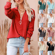 Casual solid loose zipper V-Neck long sleeve large loose pit stripe T-shirt