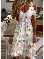 Ladies Printed Off Shoulder Lace Short Sleeve Midi Dress Casual V Neck Dresses