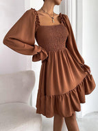 Square Neck Long Sleeve Ruffled High Waist Dress