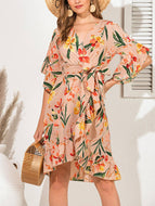 Summer Floral V-neck Petal Sleeve V-neck Waist Bow Lace Up Slim Dress