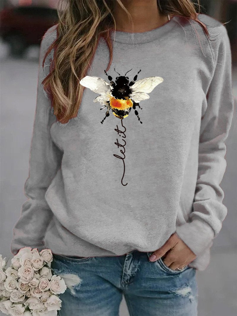 Women's Plus Size Bee Print Long Sleeve Loose Hoodless Sweater