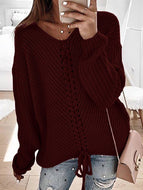 Women's Casual Fashion Loose V-neck Drawstring Sweater