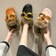 Metal Chain Lazy Slippers with Faux Fur