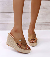 Bohemian Platform Hemp Wedge Crossover Roma Slides Slippers For Plus Size