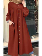 Long Sleeve Plus Size Women's Round Neck Pocket Commuter Casual Robe Shirt Dress