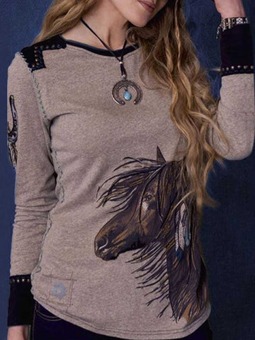 Western Denim Casual Horsehead Print Long Sleeve T-Shirt