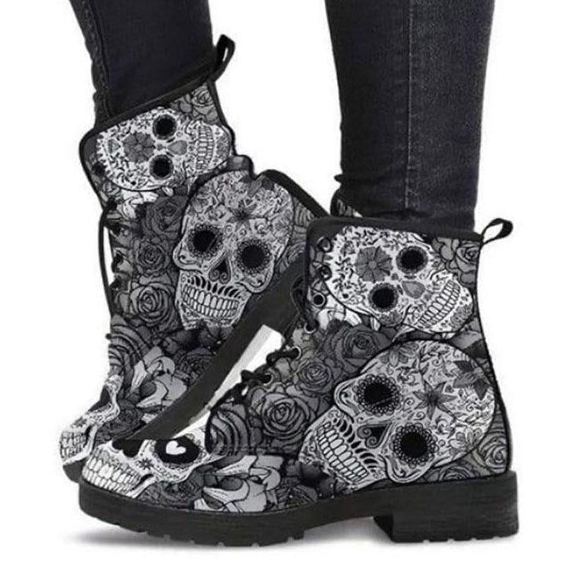 Skull and Flower Print Autumn/Winter High Top Martin Boots