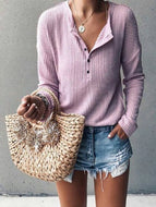 Fashion Buttons V-neck Long-sleeved Tops