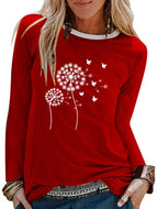 Spring and summer new dandelion printing women's long sleeve T-shirt round neck loose