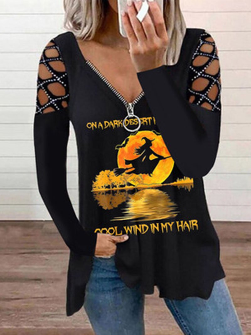 Halloween V-neck Rhinestone Hollow Long Sleeve Loose T-shirt Top