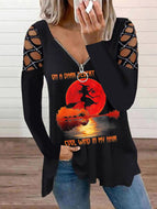 Halloween V-neck Rhinestone Hollow Long Sleeve Loose T-shirt Top