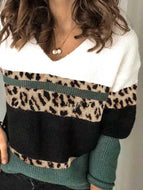 Leopard Print Patchwork Fashion V-neck Knit Sweater