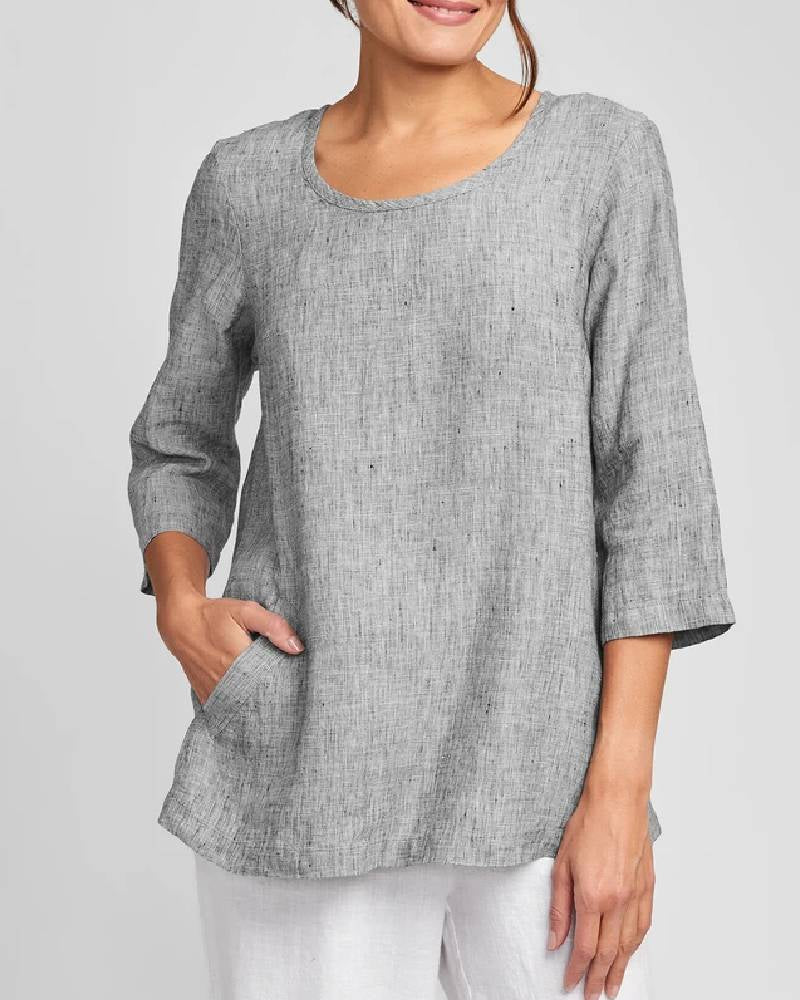 Round Neck Single Pocket Cotton And Linen Top