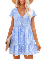 Sweet Style V-Neck Button Small Floral Short Sleeve Loose Casual Dress Loose Mini Dresses