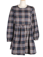 Plaid Round Neck Long Sleeve Casual Loose Waist Pleated Ladies Dress