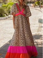 Sexy Deep V Neck Puff Sleeve Leopard Print Colorblock Long Dress