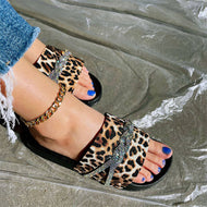 Leopard Print Sandals Flat Bottom Large Size European and American Wear Bright Diamond Slippers