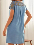 Light Blue Denim Mid-length Lace Stitching Dress