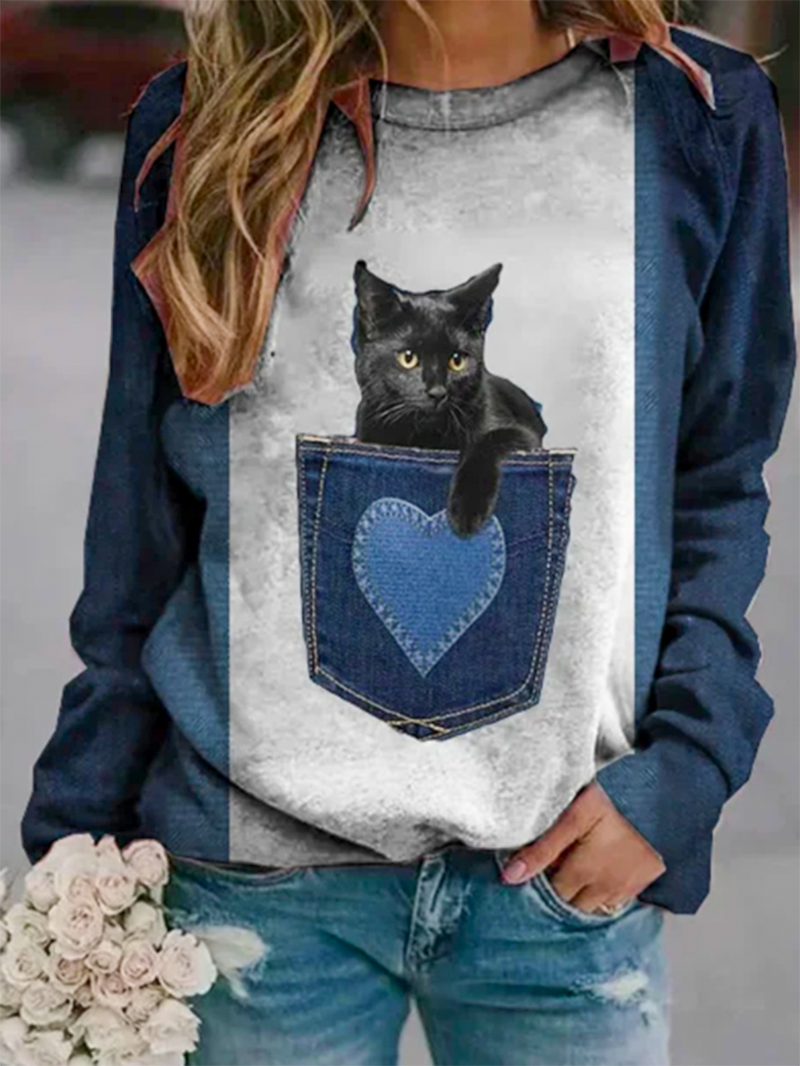 Cat Printed O-neck Long Sleeve Sweatshirt