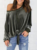 Women's Sexy Relaxed Bow Tie Long Sleeve Velvet Tops