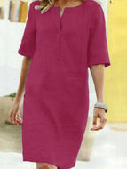 Pure Color Short-sleeved Cotton and Linen Dress