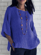 3/4 Sleeve Round Neck Cotton and Linen Shirt