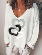 Love Print V-neck Long Sleeve Casual T-shirt