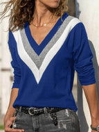 V-neck Long-sleeved Contrast Sweater Loose T-shirt