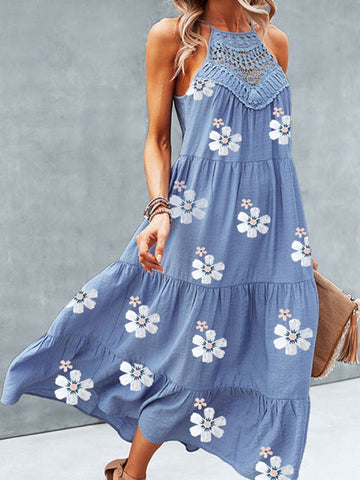 Floral Print Lace Panel Maxi Dress