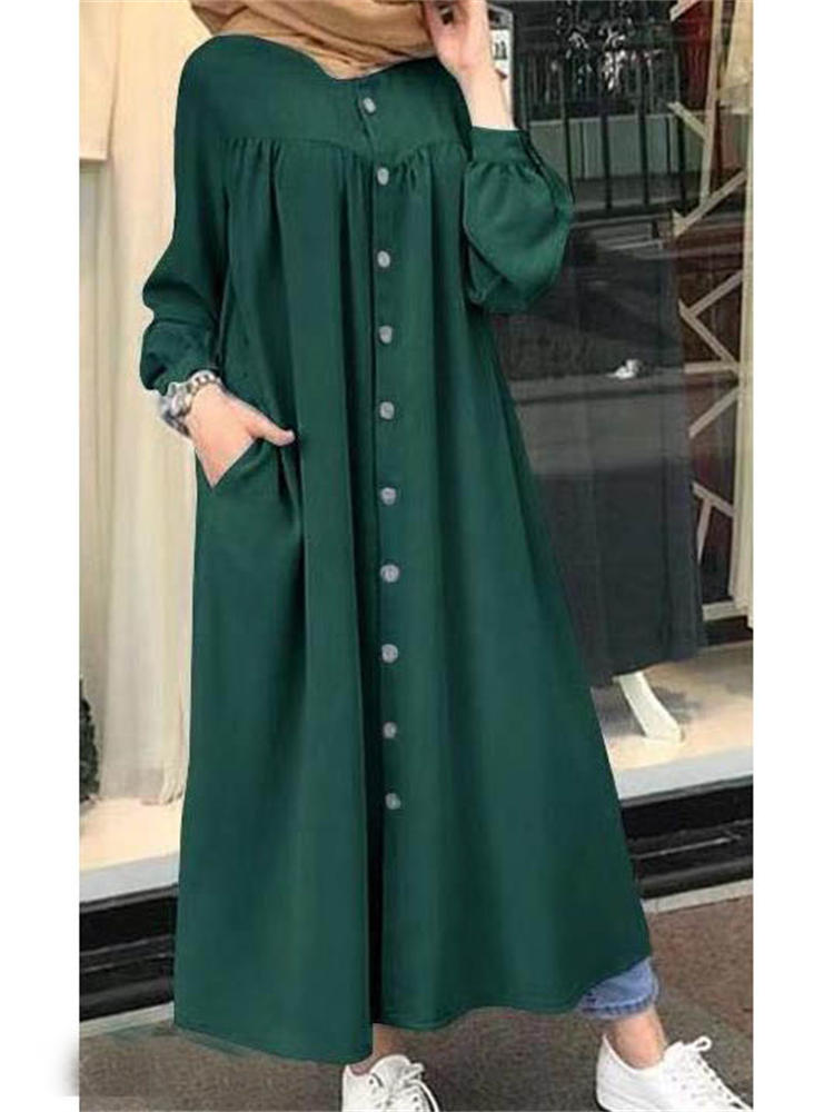 Long Sleeve Plus Size Women's Round Neck Pocket Commuter Casual Robe Shirt Dress